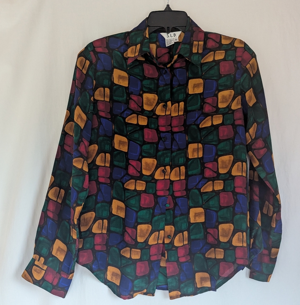 Vtg S.L.B. Blouse Womens S 100% Silk Blouse Shirt Multicolor Long Sleeve